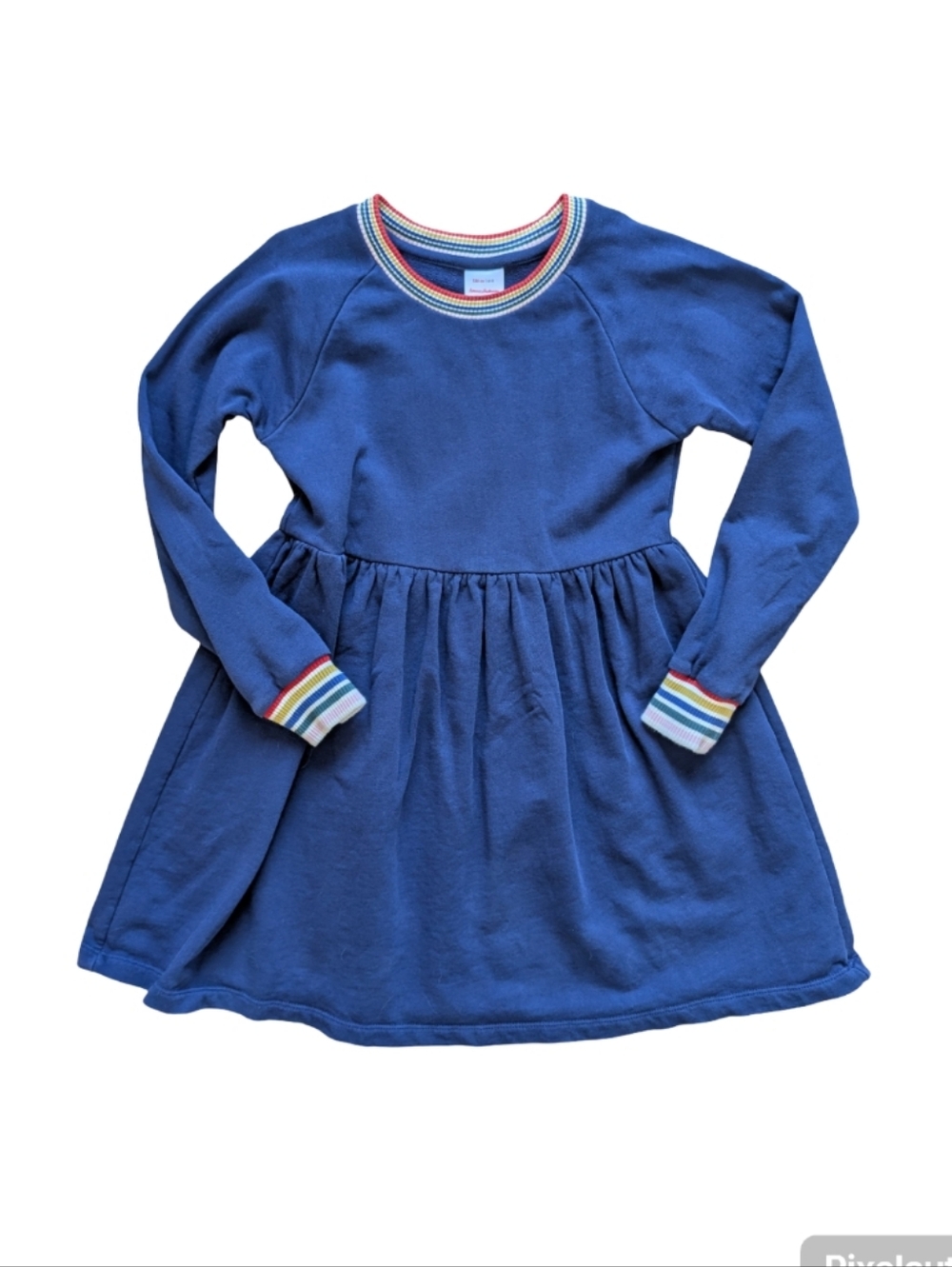 Hanna Andersson Blue Long Sleeve Sweatshirt Knit Dress w/ Rainbow Trim - Size 8